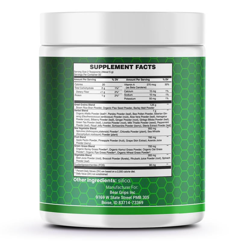 Bear Grips Super Greens & Reds Superfoods: Elevate Vitality - Boost Energy, Immunity, and Nutrient Richness, Made in the USA. Grains, Vegetables, Fruits, Grasses, Herbs