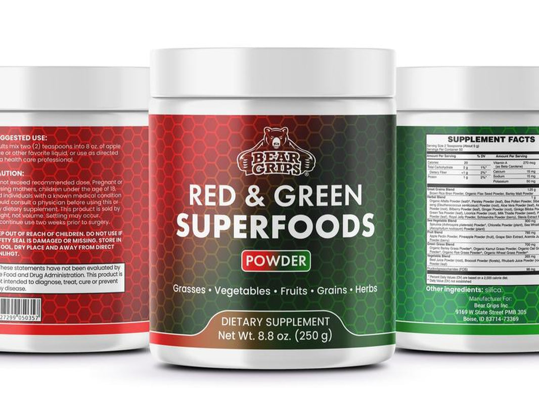 Bear Grips Super Greens & Reds Superfoods: Elevate Vitality - Boost Energy, Immunity, and Nutrient Richness, Made in the USA. Grains, Vegetables, Fruits, Grasses, Herbs